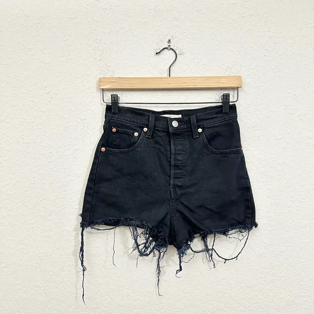 LEVI'S Ribcage Shorts Black Denim High Rise Cut Off Frayed Gothic